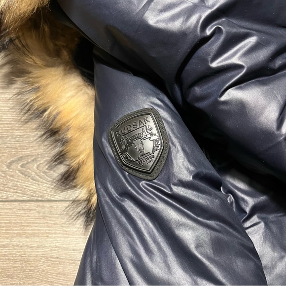 Rudsak navy down winter coat with leather waistband and details - Picture 12 of 16